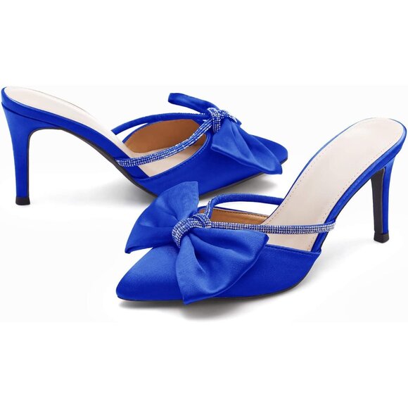 Blue Satin Bow Heels Womens Pointed Rhinestone Closed Toe Sandals Wedding Shoes - Picture 6 of 6